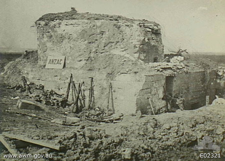 Anzac House pillbox,captured by Australian troops in the attack of the 1st and 2nd Australian Divisions, on 20 September 1917, and on which they hoisted an Australian flag. A field wireless set was found inside and now being in the Australian War Memorial collection, is on display in the To Flanders Fields exhibition.