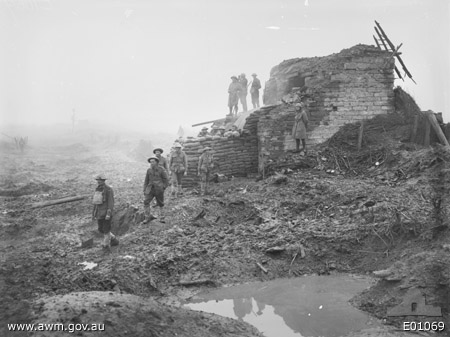 Australian soldiers quartered at one of the old German reinforced concrete pillboxes, known as 'Kit and Kat', near Zonnebeke, 29 October 1917