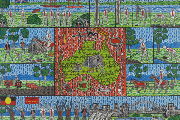 Robert Campbell Jr (Ngaku people) (1944–1993), The Past and Present of 200 Years, 1986, 94 x 123 x 4 cm, synthetic polymer paint on canvas, AWM2020.721.1