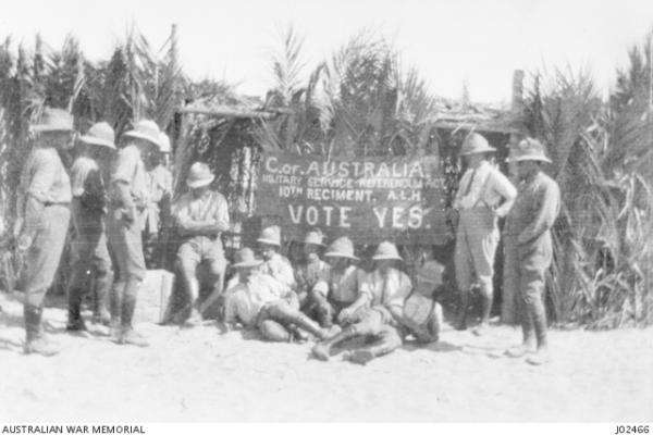 Men of the 10th Light Horse Regiment at a consription referendum polling booth 