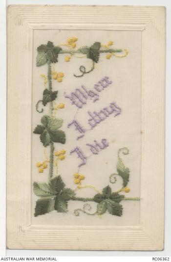 Embroidered postcard with the message 'Where I cling I die', presumably reinforcing the idea of Ivy meaning fidelity.