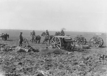 An 18 pounder of the Australian Field Artillery behind Vaulx, preparing to shell Lagnicourt.