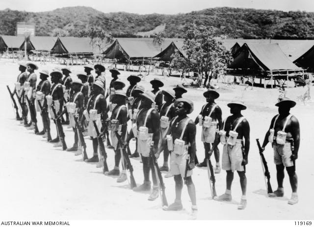 A squad of the Torres Strait Light Infantry Battalion training in their company lines, Thursday Island, 1945.
