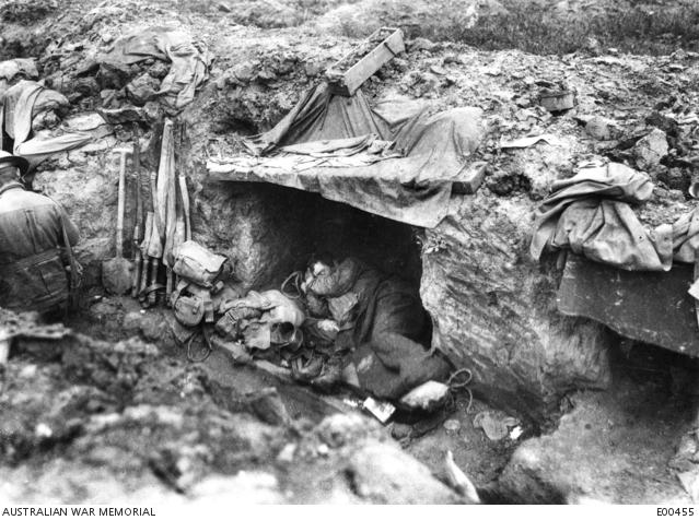 An Australian asleep in the second line of trenches during the fighting for Bullecourt,
