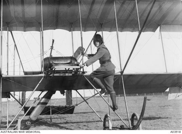 Lieutenant G.P. Merz climbing aboard a Bristol Boxkite. Merz was the first Australian military pilot to be killed in action.
