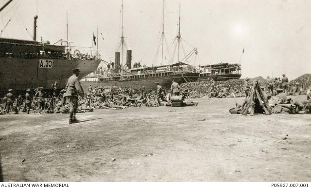 Units at Alexandria on 12 April 1915 awaiting embarkation for the Gallipoli Peninsula. HMT Ascot (A33) is clearly visible on the far left of the photograph. 