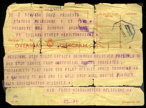 Telegram to Sergeant Vance Drummond's mother, which was received with much happiness