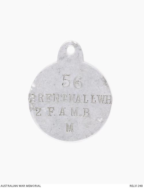 identity disc stamped with the service number “56”, “Brenthall W H”, abbreviation for the unit 2nd Field Ambulance, and “M” for Methodist.