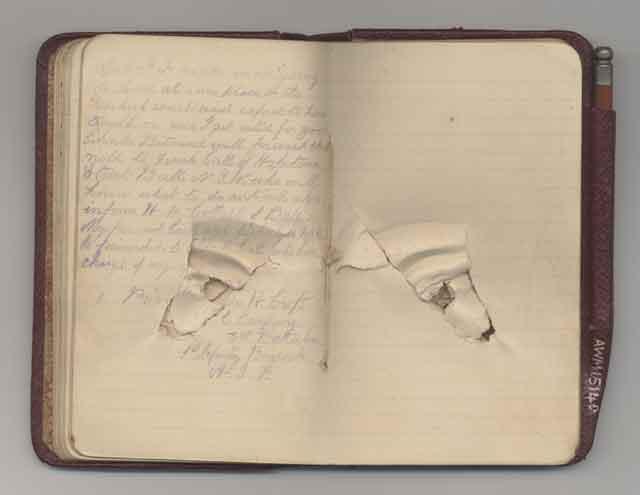 John Croft’s pocket book was pierced by a Turkish bullet at Gallipoli on 25 April 1915.