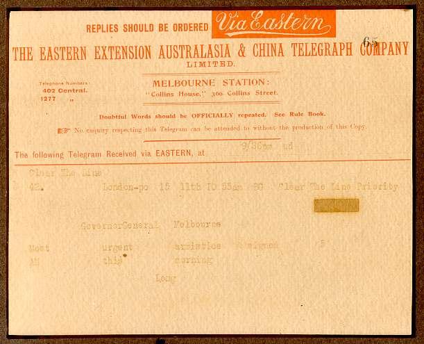 Cablegram notifying the Australian Governor-General of the signing of the Armistice