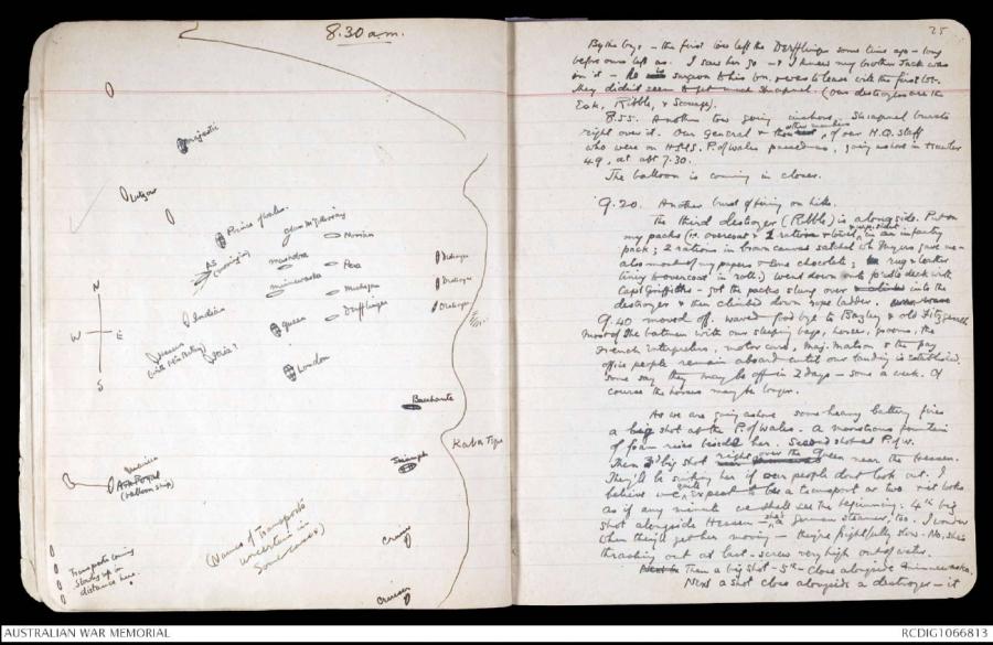 Page from Bean's diary showing the landing boats