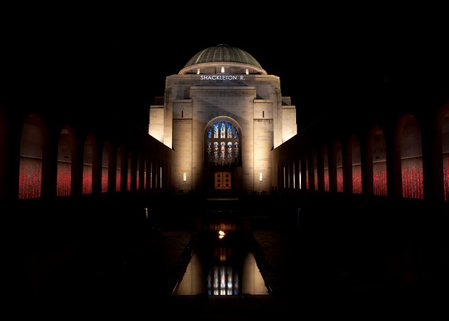 Name projected on Memorial building