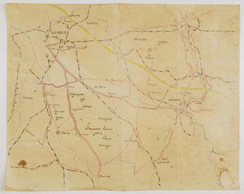 Another map printed by Jack Millett using a jelly mimeograph, that has been highlighted with different coloured ink