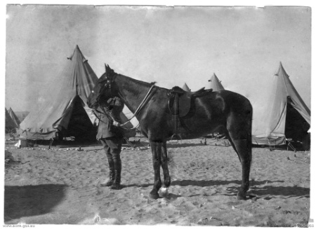 Major General Sir William Throsby Bridges holding the bridle of his favourite charger, Sandy.  P05290.001