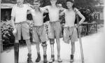 Men at Changi Prison Camp wearing artificial limbs made in Purdon’s factory