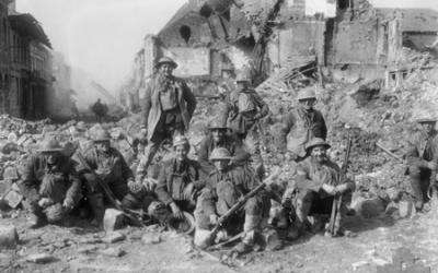 Men of 30th Battalion AIF amonst the ruins of Bapaume, the day they entered the town