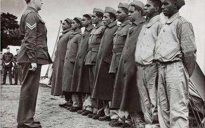 Aboriginal recruits from Lake Tyers lined up for morning parade at Caulfield after joining the 2nd AIF, c. 1940, State Library of Victoria H99.201/282.