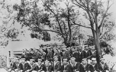 Group portrait of members of the New South Wales Naval Contingent taken prior to their embarkation, Sydney, 1900. 306822 (Photographer unknown)