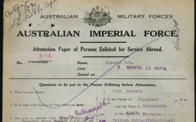 Attestation Paper from Private John Brenell’s service record, recording him as a “British Subject (Aboriginal Descent)”.