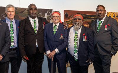 David Palmer, Derek Payne, Owen Thomas, Keith Payne VC AM, Peter Thomas, Mark Nodea and Major Mac Jensen OAM RFD JP at the opening of the 2024 Napier Waller Art Prize exhibition