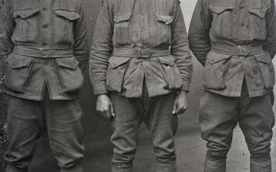 Group portrait of three members of the 29th Battalion. Identified is (right) 1092 Private Alexander Duncan Cameron, a farmer from Brimpaen, Victoria.
