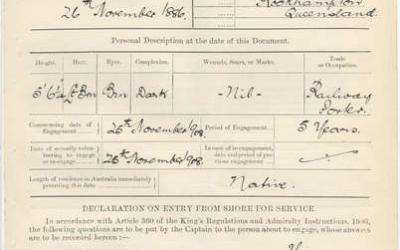 First page of the Form of Engagement for Niels Peter Henry Nielsen, containing information such as his date and place of birth, a personal description, including trade or occupation, and the fact that he had no distinguishing wounds, scars or marks.