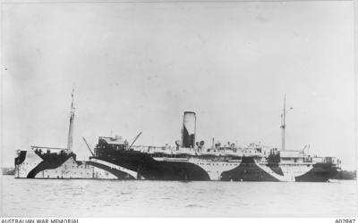 Warilda in camouflage paint added in 1917 after Germany stated all vessels operating in the English Channel would be attacked.