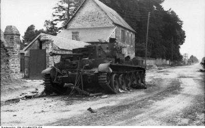 A Cromwell tank in Villers-Bocage looking back towards Point 213, June 1944 and in June 2014.
