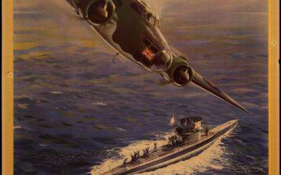 A wartime recruitment poster for the RAAF featuring a Lockheed Hudson attacking a surfaced U-boat.