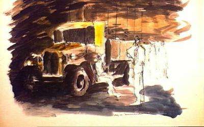 Study for the illustration 'Exercise near Hume Camp NSW'.   Depicts a truck with several men standing/sitting nearby, at Hume Camp, Albury, New South Wales. 