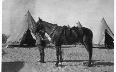 A soldier with a horse in front of a row of bell tents in the desert