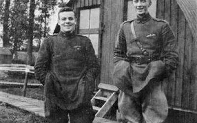 Cedric Ernest Howell (right) and Raymond James Brownell (left) outside a hut at an unidentified airfield in France, 1917