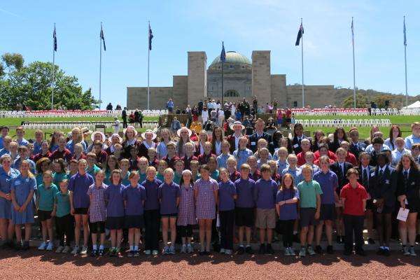 Students assembled in front of the Memorial