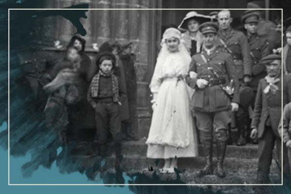 A bride and groom in uniform