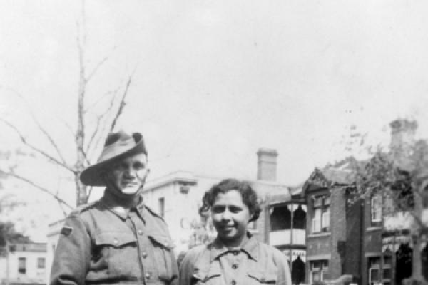 Informal portrait of Aboriginal serviceman, Private Samuel Alexandra Peacock Lovett and his niece Aircraftwoman Alice Lovett
