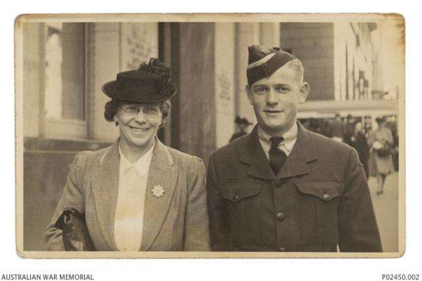 Street portrait of 411768 Aircraftman John Samuel Freeth, 455 Squadron RAAF, of Coogee, NSW and his mother, Ethel Annie Freeth