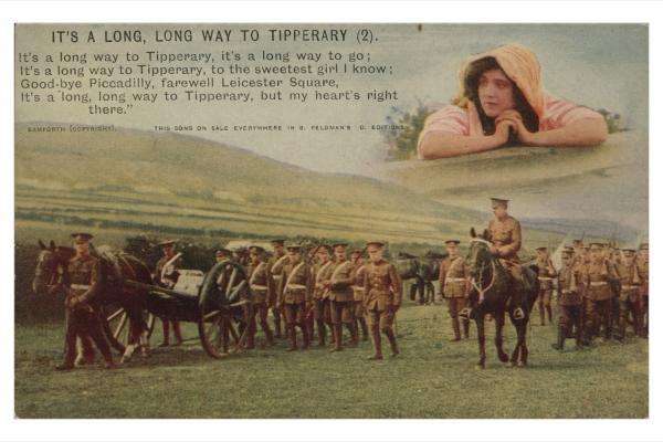 Coloured song postcard showing a group of soldiers marching through a rural landscape, with lyrics from the song ‘It’s a long, long way to Tipperary’ featured.  PUB05297