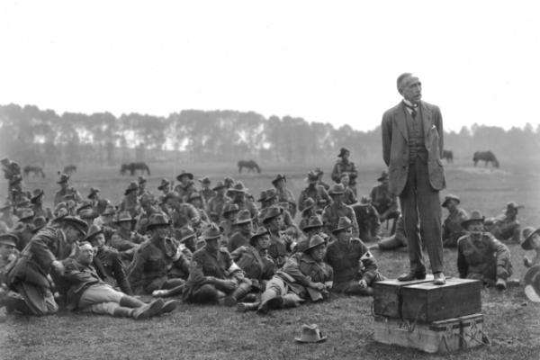 Billy Hughes addressing troops on the Western Front, 3 July 1918. E02652