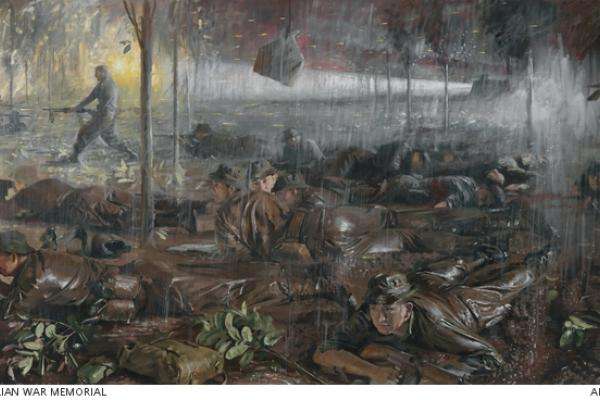 Official war artist Bruce Fletcher compressed some aspects in time and embellished others: the ammunition re-supply was free-dropped from helicopters, not delivered by slung load; and the armoured personnel carriers did not use their headlights in the initial assault.Long Tan action, Vietnam, 18 August 1966, oil on canvas, 152 x 175 cm, 1970, AWM ART40758