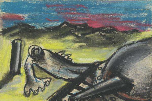 Albert Tucker (1914–1999) Battlefield, 1942, charcoal and oil pastel on paper 13 x 18cm, ART94636
