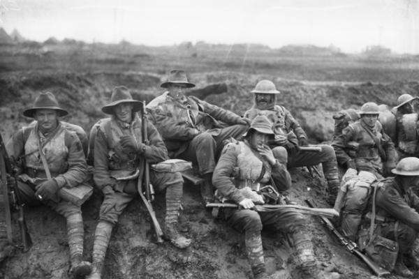 Soldiers resting en route to the trenches