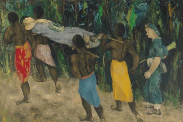 Natives carrying wounded