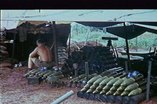 Stacks of 105mm artillery ammunition at Fire Support Base Lion, Thua Tich, November 1967