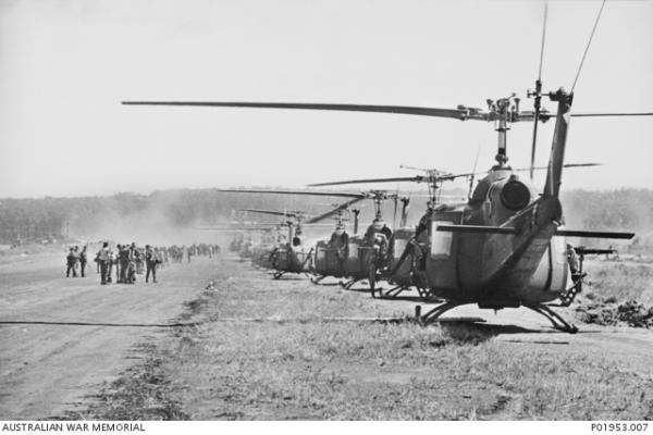 Troops waiting to board Iroquois helicopters, Nui Dat, 1967