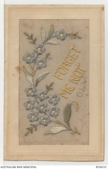 Silk postcard embroidered with forget me nots