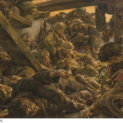 Ivor Hele's painting, crowded with dead and wounded, conveys both the intensity of fighting at Post 11 and the horror of its aftermath