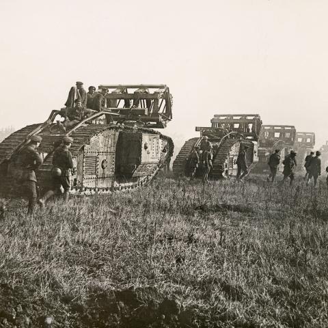 Bellicourt, France. 29 September 1918. Allied tanks and infantry troops preparing to go into action.