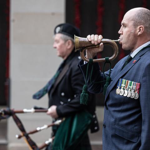 Stephen Ladd (piper) and Dan Hiscock (bugler) at the Last Post Ceremony