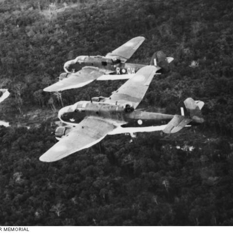 Beaufort bombers of No. 100 Squadron flying over jungle country in New Guinea during the Second World War. Accession No. 014683A