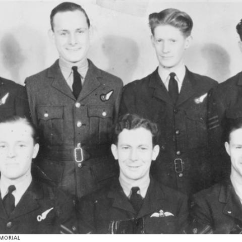 Group portrait of seven members of 467 Squadron, RAAF. Flight Sergeant Verne Edward Cockroft is pictured back row, left.